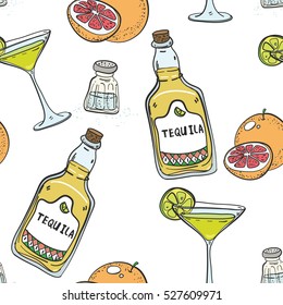 Hand drawn vector seamless pattern with tequila bottle, margarita cocktail, salt shaker and grapefruit cut in half. Colorful ornament on white background