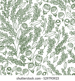 Hand drawn vector seamless pattern with floral elements. Vector pattern with leaves, twigs, branches, berries, grass
