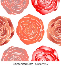 Hand drawn vector seamless pattern in white, orange and red colors. Vintage watercolor roses.