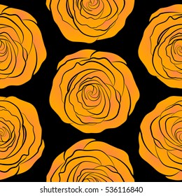 Hand drawn vector seamless pattern - orange and yellow roses with petals. Floral background with stylized roses.