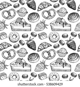 Hand drawn vector seamless pattern - collection of goodies, sweets, cakes and pastries. Background in sketch style for confectionery and bakery shops. Perfect for menu, cards, blogs, banners, flyers