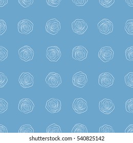 Hand drawn vector seamless pattern in blue colors. Vintage monochrome roses.