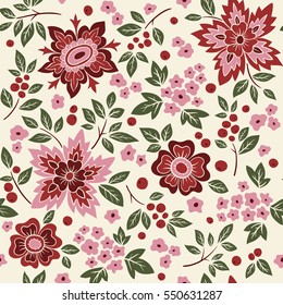 Hand drawn vector seamless pattern with flowers and berries.