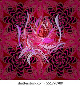 Hand drawn vector seamless pattern - flower petals. Pink background. Radial gradient shadow.