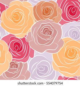 Hand drawn vector seamless pattern - orange, pink and red roses with petals. Floral background with stylized roses.