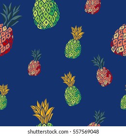 Hand drawn vector seamless pattern with funky and bright colourful pineapple in pop art minimalistic style. Could be used as print, wrapping paper, background and textile ornament.