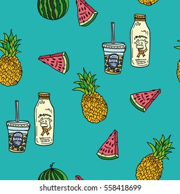 Hand drawn vector seamless pattern with bright colourful pineapple, watermelon, milk in color, line art style drawing. Could be used as print, wrapping paper, background and textile ornament. 