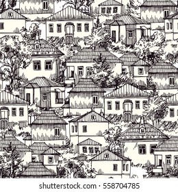 Hand drawn vector seamless pattern with village houses and tree. Sketch style. Drawing by hand.