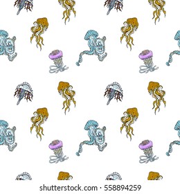 Hand drawn vector seamless pattern with sea medusa - line art style drawing. Could be used as print, wrapping paper, background and textile ornament, poster, coloring page.
