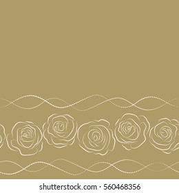 Hand drawn vector seamless pattern with copy space (place for your text) in neutral and white colors. Vintage horizontal dashed roses silhouette.