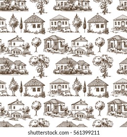 Hand drawn vector seamless pattern with village houses and tree. Sketch style. Drawing by hand.