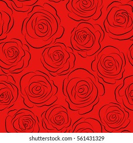 Hand drawn vector seamless pattern - rose with petals. Red floral background with stylized roses.