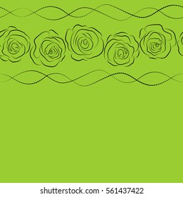 Hand drawn vector seamless pattern with copy space (place for your text) in black and green colors. Vintage horizontal dashed roses silhouette.