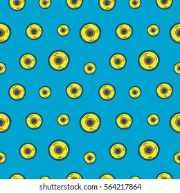 Hand drawn vector seamless pattern with musical vinyl disks.
Cheerful yellow and blue color palette. Could be used as background, wrapping paper and textile ornament.

