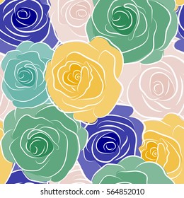 Hand drawn vector seamless pattern in blue and yellow colors. Vintage watercolor roses.