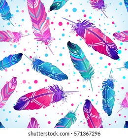 Hand drawn vector seamless pattern with painted bird feathers. Titled background. Colorful art for your design. Trendy  boho style patterned elements, sketch, tribal template.