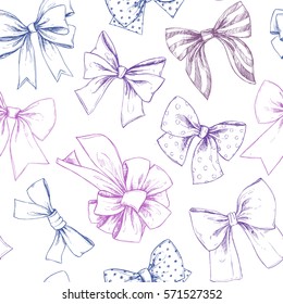 Hand drawn vector seamless pattern. Different types of bows. Perfect for invitations, greeting cards, posters, prints. Illustration in sketch style