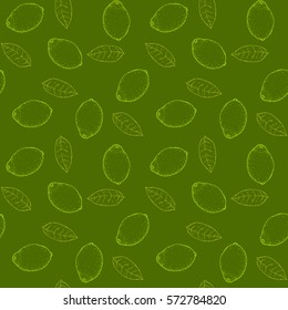Hand drawn vector seamless pattern with green lime and leaf. Tropical summer fruit engraved vintage style illustration. Design elements for branding package, textile.