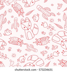 Hand drawn vector seamless pattern with cute animals. ,Fox,owl,Flower,Bird and cactus