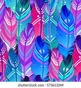 Hand drawn vector seamless pattern with painted bird feathers. Titled background. Colorful art for your design. Trendy  boho style patterned elements, sketch, tribal template.