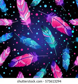 Hand drawn vector seamless pattern with painted bird feathers. Titled background. Colorful art for your design. Trendy  boho style patterned elements, sketch, tribal template. 