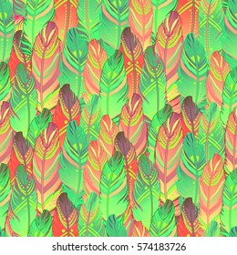 Hand drawn vector seamless pattern with painted bird feathers. Titled background. Colorful art for your design. Trendy  boho style patterned elements, sketch, tribal template.