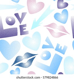 Hand drawn vector seamless pattern in violet and blue colors. Valentine's day theme. Imprint female a kiss, hearts, arrows on a white background.