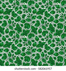 Hand drawn vector seamless pattern with mint leaves, peppermint, spicy herbs, kitchen texture, Doodle cooking ingredient for design package tea, wallpaper, cosmetics, textile, natural organic product