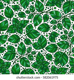 Hand drawn vector seamless pattern with mint leaves, peppermint, spicy herbs, kitchen texture, Doodle cooking ingredient for design package tea, wallpaper, cosmetics, textile, natural organic product