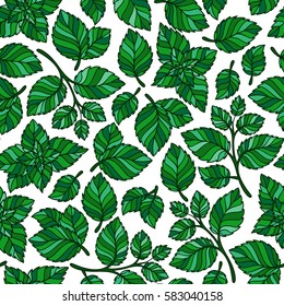 Hand drawn vector seamless pattern with mint leaves, peppermint, spicy herbs, kitchen texture, Doodle cooking ingredient for design package tea, wallpaper, cosmetics, textile, natural organic product