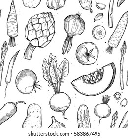 Hand drawn vector seamless pattern -  vegetables (carrots, potatoes, tomatoes, asparagus, artichoke).Design elements in sketch style. Perfect for invitations, greeting cards, posters, packing, textile