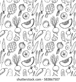 Hand drawn vector seamless pattern -  vegetables (carrots, potatoes, tomatoes, asparagus, artichoke).Design elements in sketch style. Perfect for invitations, greeting cards, posters, packing, textile