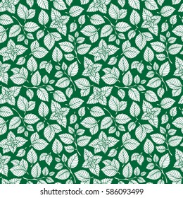 Hand drawn vector seamless pattern with mint leaves, peppermint, spicy herbs, kitchen texture, Doodle cooking ingredient for design package tea, wallpaper, cosmetics, textile, natural organic product