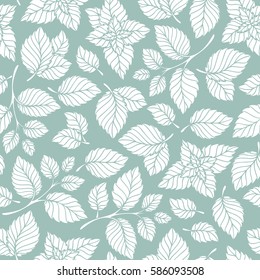 Hand drawn vector seamless pattern with mint leaves, peppermint, spicy herbs, kitchen texture, Doodle cooking ingredient for design package tea, wallpaper, cosmetics, textile, natural organic product