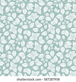 Hand drawn vector seamless pattern with mint leaves, peppermint, spicy herbs, kitchen texture, Doodle cooking ingredient for design package tea, wallpaper, cosmetics, textile, natural organic product