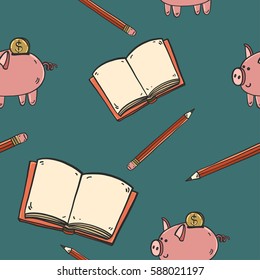 Hand drawn vector seamless pattern with colored piggy bank, pencil and open book with plain pages
