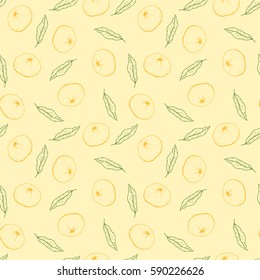 Hand drawn vector seamless pattern with mandarine. Tropical summer fruit engraved vintage style illustration. Design background for branding package, textile.
