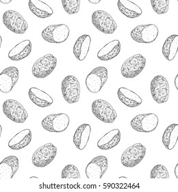 Hand drawn vector seamless pattern or background with ripe potatoes. Natural eco food engraved vintage style illustration. Design for branding package, textile.