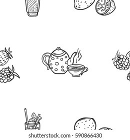 Hand drawn vector seamless pattern with green cocktail,lemon, berry, tea. Contour, line art style drawing. Could be used as background, wrapping paper and textile ornament.