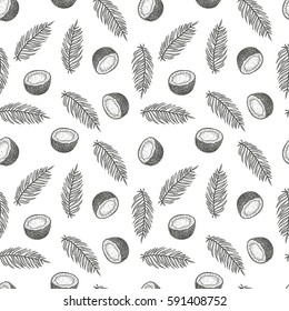 Hand drawn vector seamless pattern or background with coconut. Natural tropical food engraved vintage style illustration. Design for branding package, textile.