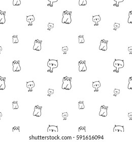 Hand drawn vector seamless pattern with  pretty kittens. Contour, line art style drawing. Could be used as background, wrapping paper and textile ornament.