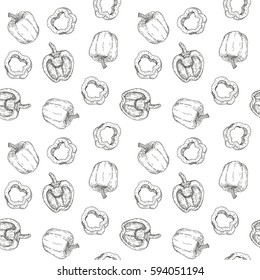 Hand drawn vector seamless pattern or background with sweet peppers. Natural eco food engraved vintage style illustration. Design farm market product.