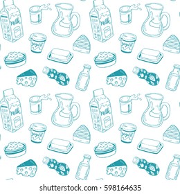hand drawn vector seamless pattern with sketch Dairy products