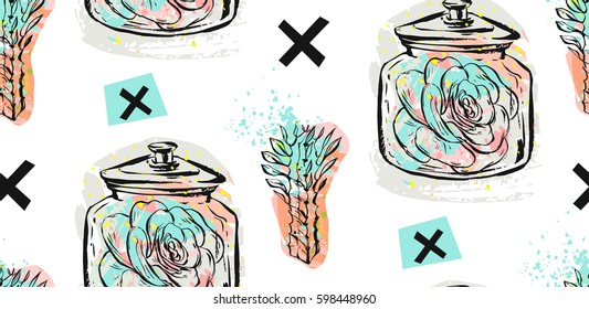 Hand drawn vector seamless pattern with succulent plants in glass jar and crosses in pastel color isolated on white background.Design for decoration,fashion,fabric,save the date,scandinavian decor