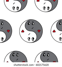 Hand drawn vector seamless pattern with symbols of yin and yang.  Contour and color, line art style drawing. Could be used as background, wrapping paper and textile ornament.