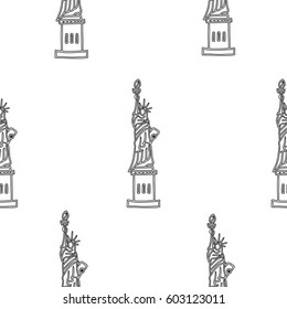 Hand drawn vector seamless pattern with symbols of New York City - statue of liberty. Contour, line art style drawing. Could be used as background, wrapping paper and textile ornament.