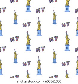 Hand drawn vector seamless pattern with symbols of New York City and  - statue of liberty name NY.  Color, line art style drawing. Could be used as background, wrapping paper and textile ornament.