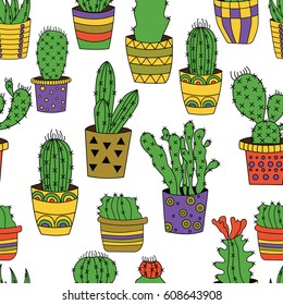 Hand drawn vector seamless pattern with cute colourful cactus. Beautiful floral design elements, perfect for prints and patterns.