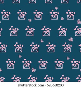 Hand drawn vector seamless pattern with cute envelops in doodle style. Romantic letters background with heart shapes. Seamless pattern, bold surface print.