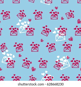Hand drawn vector seamless pattern with cute envelops in doodle style. Romantic letters background with heart shapes. Seamless pattern, bold surface print.